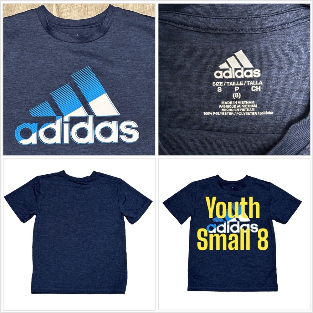 Adidas Youth YS Small 8 Short Sleeve T-Shirt Top Tee Navy Blue White Aeroready